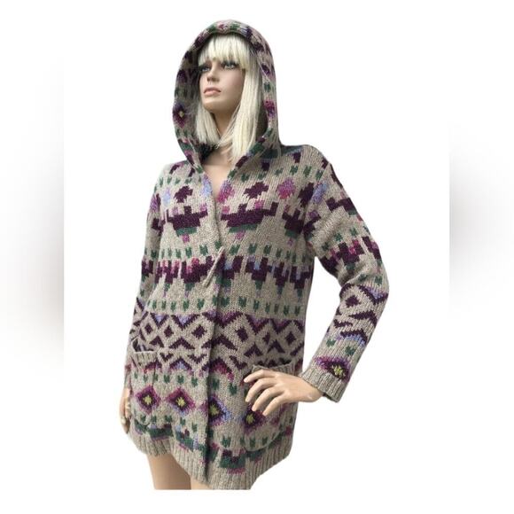 J.Jill Lenox Long Hooded Open Cardigan Sweater Aztec Wool Blend Sz Small Petite - Picture 2 of 10